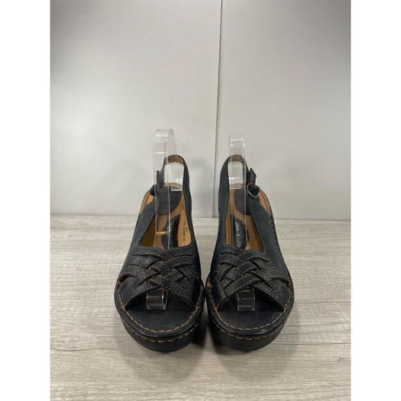 Born BOC Black Leather Wedge Heel Sandal Shoes Womens Size 10 - Picture 2 of 8